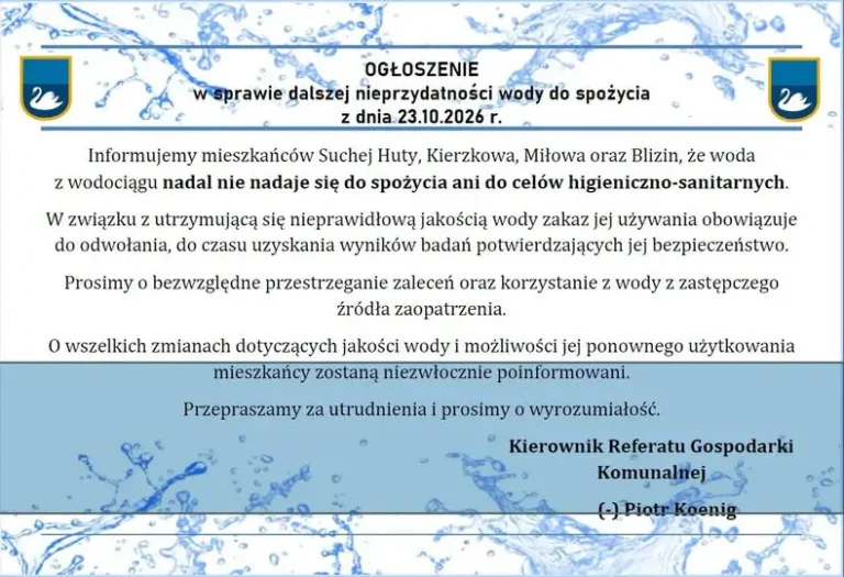 Woda z wodociągu w Suchej Hucie, Kierzkowie, Mitowie i Blizinach nadal niezdatna do spożycia