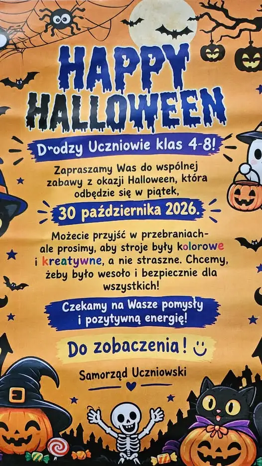 Halloween w szkole: Samorząd Uczniowski zaprasza klasy 4-8 do wspólnej zabawy